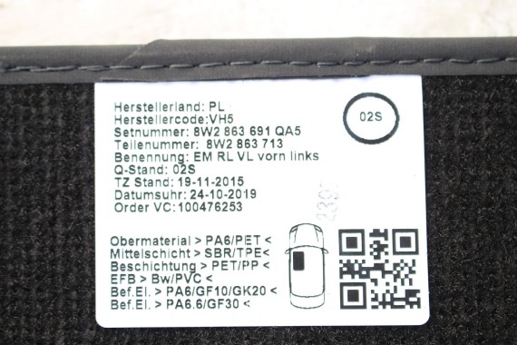 AUDI A4 A5 DYWANIKI PODŁOGI 8W2863691 8W0864450E wycieraczki 8W2 863 691 8W2 863 713 8W2863714 8W0864450 8W0863724 ANGLIK B9 F5