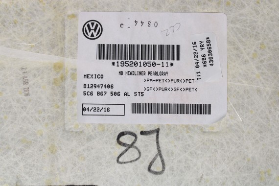 VW JETTA 5C PODSUFITKA 5C6867506AL 5C6 867 506 AL SZARA TAPICERKA FL LIFT '5T5' - szary perlisty
