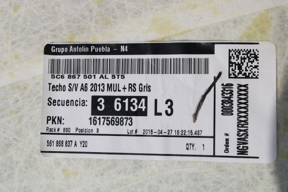 VW JETTA 5C PODSUFITKA 5C6867506AL 5C6 867 506 AL SZARA TAPICERKA FL LIFT '5T5' - szary perlisty