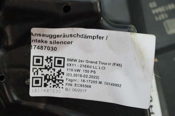 BMW X1 F48 FILTR POWIETRZA OBUDOWA 8513916 1371 8513916 105435 X2 F39 F45 F46 MINI F54 F55 F56 F57 F60 13718513916 diesel 2.0 D