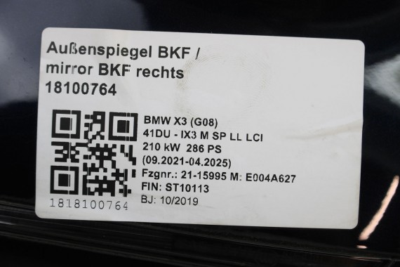 BMW X3 G08 G01 IX3 LUSTERKO prawe drzwi lewa zewnętrzne pinów kabli 5 pin 416 Carbon-schwarz Czarny ASYSTENT side
