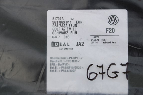 VW GOLF 7 VII DYWANIKI PODŁOGI 5G1863011 5G0864435 wycieraczki 5G0 864 435 5G1 863 011 EUN - czarny 5G1863011A