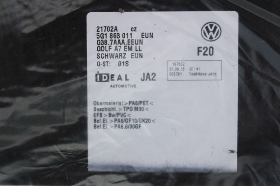 VW GOLF 7 VII DYWANIKI PODŁOGI 5G1863011 5G0864435 wycieraczki 5G0 864 435 5G1 863 011 EUN - czarny 5G1863011A