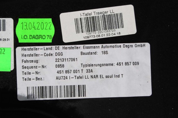 AUDI R8 II KONSOLA PULPIT DESKA 4S1857001T 4S1857009 ROZDZIELCZA KOKPIT PULPIT skóra czarna VIRTUAL COCPIT CABRIO SPYDER FL TT8
