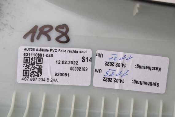 AUDI R8 CABRIO SŁUPEK A + WYKOŃCZENIE PODSUFITKI poszycie 4S7867512A 4S7867233B 4S7867234B słupka słupki RAMA DACHU 24A - czarny