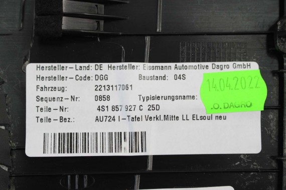 AUDI R8 II OSŁONA KONSOLI 4S1857927C KONSOLA PULPIT DESKA ROZDZIELCZA KOKPIT PULPIT czarna FL 4S1 857 927 C SCHOWEK ŚRODKOWY