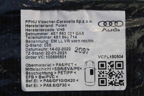 AUDI R8 II DYWANIKI PODŁOGI 4S1863691 4S1863713 4S1863714 wycieraczki  'QA5' - czarny soul 4S1 863 691 4S1 863 713 714 4S1863691