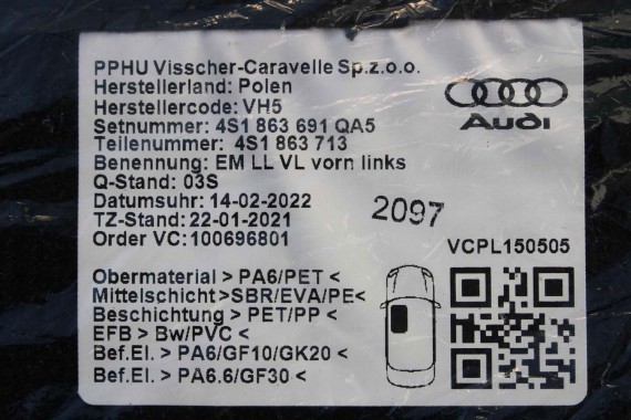 AUDI R8 II DYWANIKI PODŁOGI 4S1863691 4S1863713 4S1863714 wycieraczki  'QA5' - czarny soul 4S1 863 691 4S1 863 713 714 4S1863691