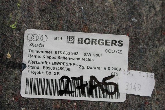 AUDI A5 SPORTBACK BOCZEK DYWAN TAPICERKA BAGAZNIKA 8T8864483 8T8861529 8T0863463 8T8863879M 8T8863880M boczki bagażnik tapicerka