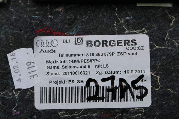 AUDI A5 SPORTBACK BOCZEK DYWAN TAPICERKA BAGAZNIKA 8T8864483 8T8861529 8T0863463 8T8863879M 8T8863880M boczki bagażnik tapicerka