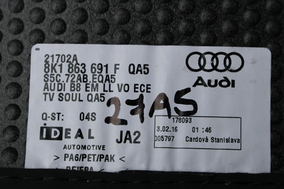 AUDI A4 8K A5 DYWANIKI PODŁOGI 8K1863691F 8K0864450B wycieraczki 8K1863691H 8K0864450C 'QA5' czarny soul) LIFT 8K0 864 450 B 8T8