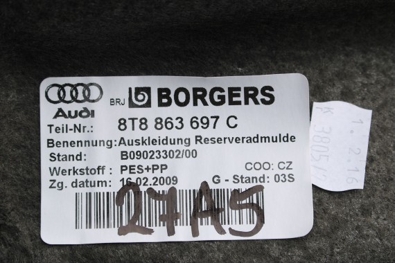 AUDI A5 SPORTBACK FL LIFT DYWAN wykładzina BAGAŻNIKA 8T8863697C CA9- czarny TAPICERKA TYLNEJ KLAPY 8T8863697D wnęka 8T8863697C