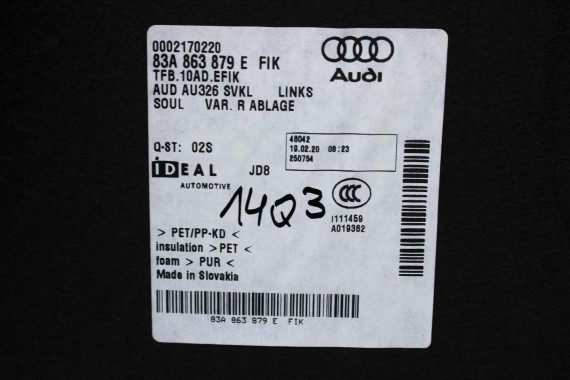AUDI Q3 F3 BOCZEK DYWAN TAPICERKA BAGAŻNIKA 83A861529B 83A863879E 83A863880D boczki bagażnik tapicerka 83A864483B 83A 861 529