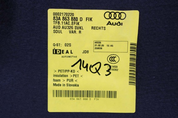 AUDI Q3 F3 BOCZEK DYWAN TAPICERKA BAGAŻNIKA 83A861529B 83A863879E 83A863880D boczki bagażnik tapicerka 83A864483B 83A 861 529