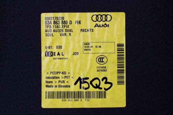 AUDI Q3 F3 BOCZEK DYWAN TAPICERKA BAGAŻNIKA 83A861529B 83A863879E 83A863880D boczki bagażnik tapicerka 83A864483B 83A 861 529