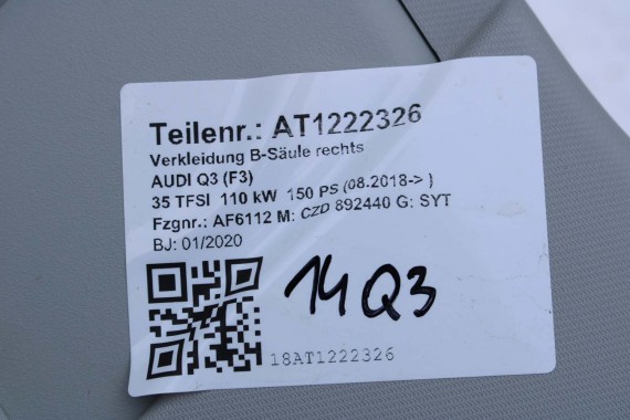 AUDI Q3 POSZYCIE SŁUPEK B 83A867243B 83A867244B 83A 867 243 244 górne podsufitki kolor szary SŁUPKA srebrny 83A867243 83A867244