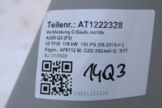 AUDI Q3 POSZYCIE SŁUPEK C 83A867287 83A867288 83A 867 287 288 górne podsufitki kolor szary SŁUPKA srebrny 83A867287 83A867288