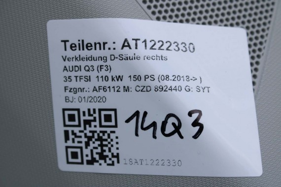 AUDI Q3 POSZYCIE SŁUPEK D 83A867245 83A867246 83A 867 243 245 górne podsufitki kolor szary SŁUPKA srebrny 83A867245 83A867246