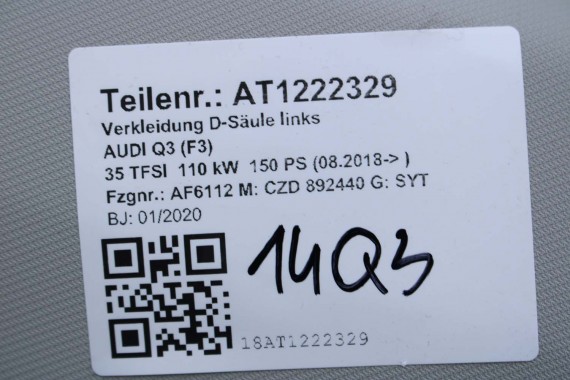 AUDI Q3 POSZYCIE SŁUPEK D 83A867245 83A867246 83A 867 243 245 górne podsufitki kolor szary SŁUPKA srebrny 83A867245 83A867246