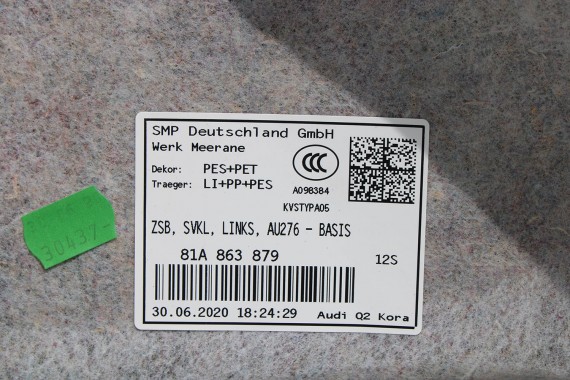 AUDI Q2 BOCZEK DYWAN TAPICERKA BAGAŻNIKA 81A861529 81A863879 81A863880 boczki bagażnik tapicerka 81A861529A 81A863879C 81A FL