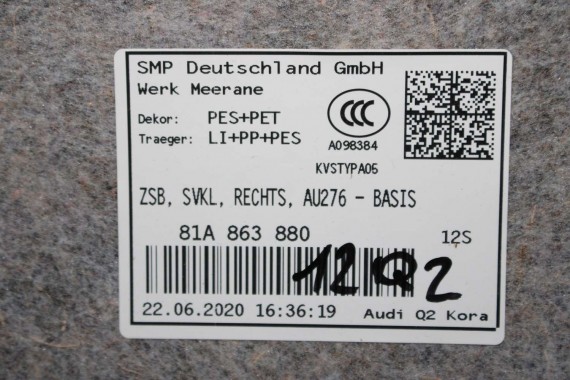 AUDI Q2 BOCZEK DYWAN TAPICERKA BAGAŻNIKA 81A861529 81A863879 81A863880 boczki bagażnik tapicerka 81A861529A 81A863879C 81A FL