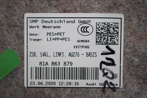 AUDI Q2 BOCZEK DYWAN TAPICERKA BAGAŻNIKA 81A861529 81A863879 81A863880 boczki bagażnik tapicerka 81A861529A 81A863879C 81A FL