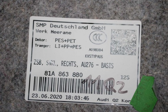AUDI Q2 BOCZEK DYWAN TAPICERKA BAGAŻNIKA 81A861529 81A863879 81A863880 boczki bagażnik tapicerka 81A861529A 81A863879C 81A FL