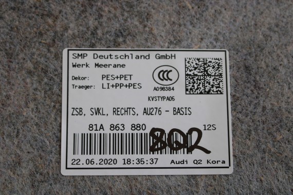 AUDI Q2 BOCZEK DYWAN TAPICERKA BAGAŻNIKA 81A861529 81A863879 81A863880 boczki bagażnik tapicerka 81A861529A 81A863879C 81A FL