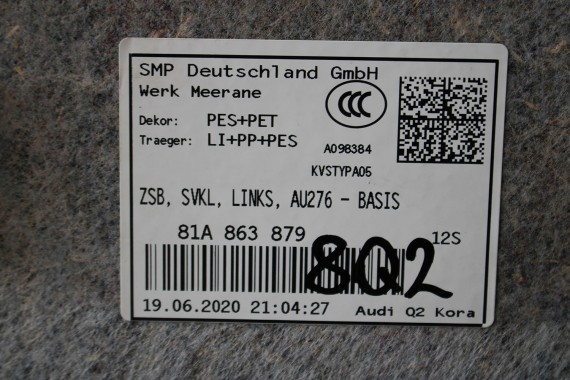AUDI Q2 BOCZEK DYWAN TAPICERKA BAGAŻNIKA 81A861529 81A863879 81A863880 boczki bagażnik tapicerka 81A861529A 81A863879C 81A FL