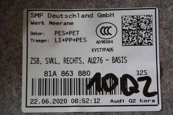 AUDI Q2 BOCZEK DYWAN TAPICERKA BAGAŻNIKA 81A861529 81A863879 81A863880 boczki bagażnik tapicerka 81A861529A 81A863879C 81A FL