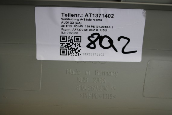 AUDI Q2 POSZYCIE SŁUPEK A 81A867233 81A867234 górne podsufitki kolor szary SŁUPKA srebrny 81A867233A 81A867234A 81A 867 233 DTR