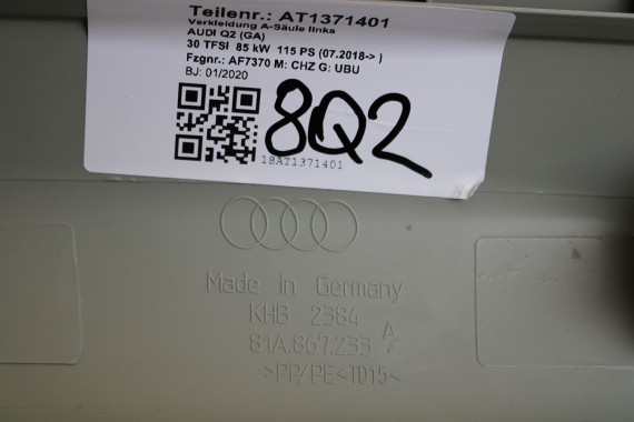 AUDI Q2 POSZYCIE SŁUPEK A 81A867233 81A867234 górne podsufitki kolor szary SŁUPKA srebrny 81A867233A 81A867234A 81A 867 233 DTR