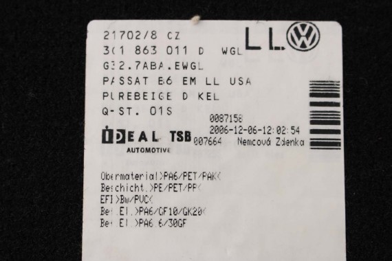 VW PASSAT B6 B7 CC DYWANIKI PODŁOGI 3C1863011D wycieraczki Kolor: 3C1 863 011 D wykładziny 3C1863011A 3C1863011 3C1863011D