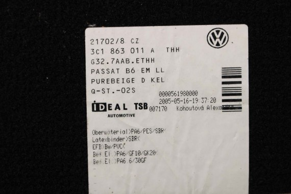 VW PASSAT B6 B7 CC DYWANIKI PODŁOGI 3C1863011D wycieraczki Kolor: 3C1 863 011 D wykładziny 3C1863011A 3C1863011 3C1863011D