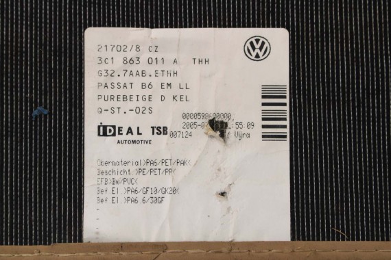 VW PASSAT B6 B7 CC DYWANIKI PODŁOGI 3C1863011D wycieraczki Kolor: 3C1 863 011 D wykładziny 3C1863011A 3C1863011 3C1863011D