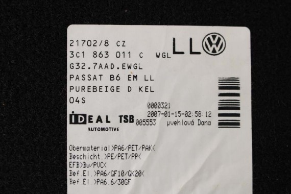 VW PASSAT B6 B7 CC DYWANIKI PODŁOGI 3C1863011D wycieraczki Kolor: 3C1 863 011 D wykładziny 3C1863011A 3C1863011 3C1863011D