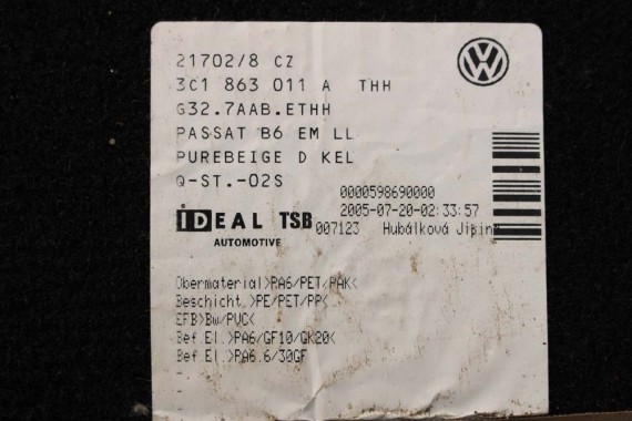 VW PASSAT B6 B7 CC DYWANIKI PODŁOGI 3C1863011D wycieraczki Kolor: 3C1 863 011 D wykładziny 3C1863011A 3C1863011 3C1863011D