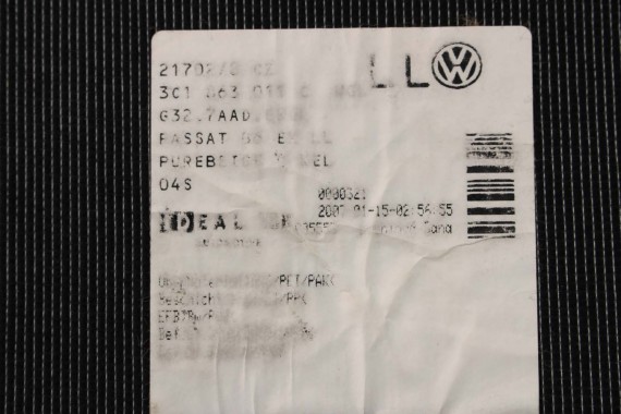 VW PASSAT B6 B7 CC DYWANIKI PODŁOGI 3C1863011D wycieraczki Kolor: 3C1 863 011 D wykładziny 3C1863011A 3C1863011 3C1863011D