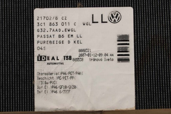 VW PASSAT B6 B7 CC DYWANIKI PODŁOGI 3C1863011D wycieraczki Kolor: 3C1 863 011 D wykładziny 3C1863011A 3C1863011 3C1863011D