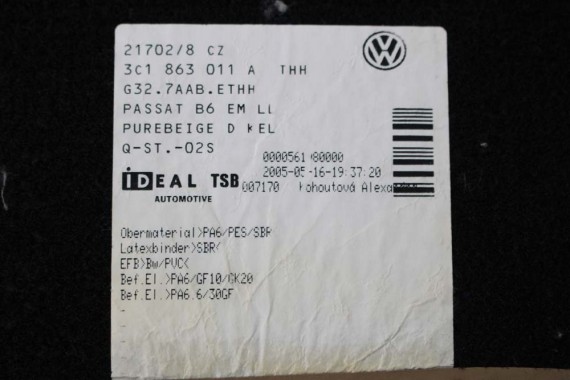VW PASSAT B6 B7 CC DYWANIKI PODŁOGI 3C1863011D wycieraczki Kolor: 3C1 863 011 D wykładziny 3C1863011A 3C1863011 3C1863011D