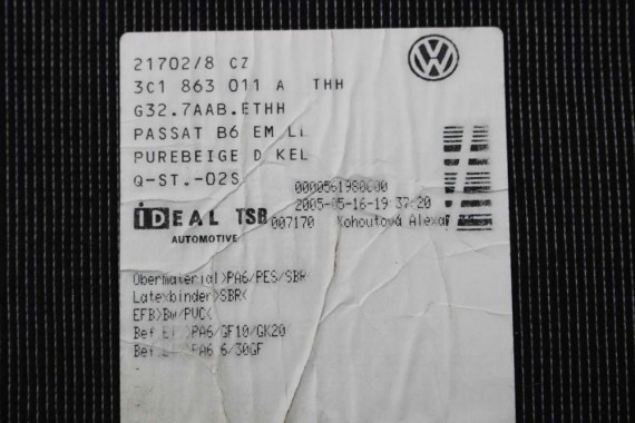 VW PASSAT B6 B7 CC DYWANIKI PODŁOGI 3C1863011D wycieraczki Kolor: 3C1 863 011 D wykładziny 3C1863011A 3C1863011 3C1863011D