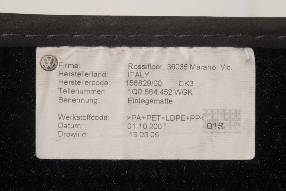 VW EOS DYWANIKI WYCIERACZKI PODŁOGI 1Q0864451 1Q0864452 welur 1Q0 864 451 1Q0864452 tył tylny 1K1863011 1K1863011 1K1863011