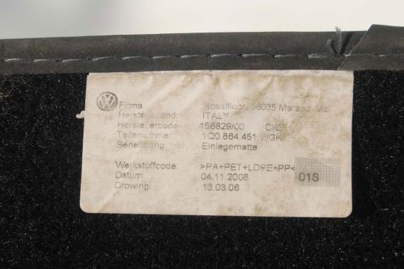 VW EOS DYWANIKI WYCIERACZKI PODŁOGI 1Q0864451 1Q0864452 welur 1Q0 864 451 1Q0864452 tył tylny 1K1863011 1K1863011 1K1863011