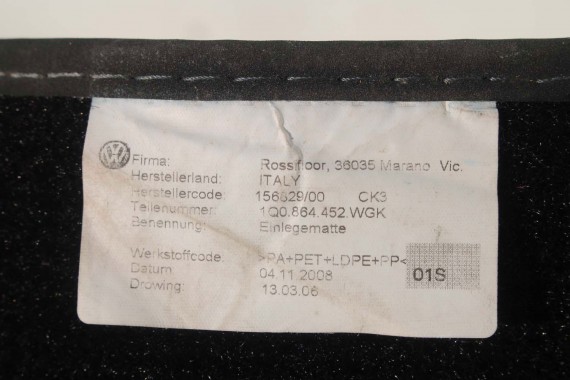 VW EOS DYWANIKI WYCIERACZKI PODŁOGI 1Q0864451 1Q0864452 welur 1Q0 864 451 1Q0864452 tył tylny 1K1863011 1K1863011 1K1863011