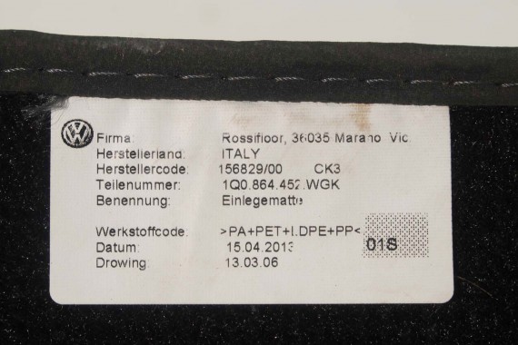 VW EOS DYWANIKI WYCIERACZKI PODŁOGI 1Q0864451 1Q0864452 welur 1Q0 864 451 1Q0864452 tył tylny 1K1863011 1K1863011 1K1863011