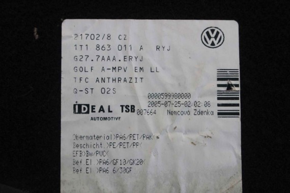 VW TOURAN DYWANIKI WYCIERACZKI PODŁOGI 1T1863011A welur 1T1 863 011 A 1T1863011A tył 1T1863011 1T0864451 1T0864452 1T1863011A 1T