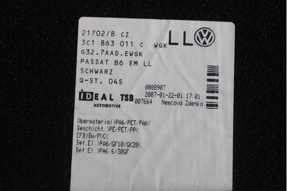 VW PASSAT B6 B7 CC DYWANIKI WYCIERACZKI PODŁOGI 3C0864451 3C0864452 welur 3C0864451 3C0864452 tył tylny 3C1863011C 3C1863011A