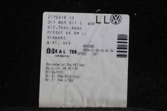 VW PASSAT B6 B7 CC DYWANIKI WYCIERACZKI PODŁOGI 3C0864451 3C0864452 welur 3C0864451 3C0864452 tył tylny 3C1863011C 3C1863011A