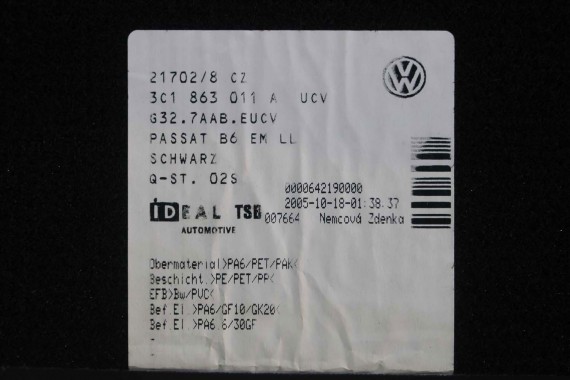 VW PASSAT B6 B7 CC DYWANIKI WYCIERACZKI PODŁOGI 3C0864451 3C0864452 welur 3C0864451 3C0864452 tył tylny 3C1863011C 3C1863011A