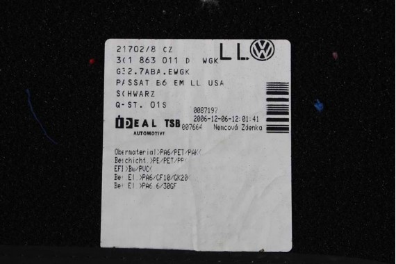 VW PASSAT B6 B7 CC DYWANIKI WYCIERACZKI PODŁOGI 3C0864451 3C0864452 welur 3C0864451 3C0864452 tył tylny 3C1863011C 3C1863011A